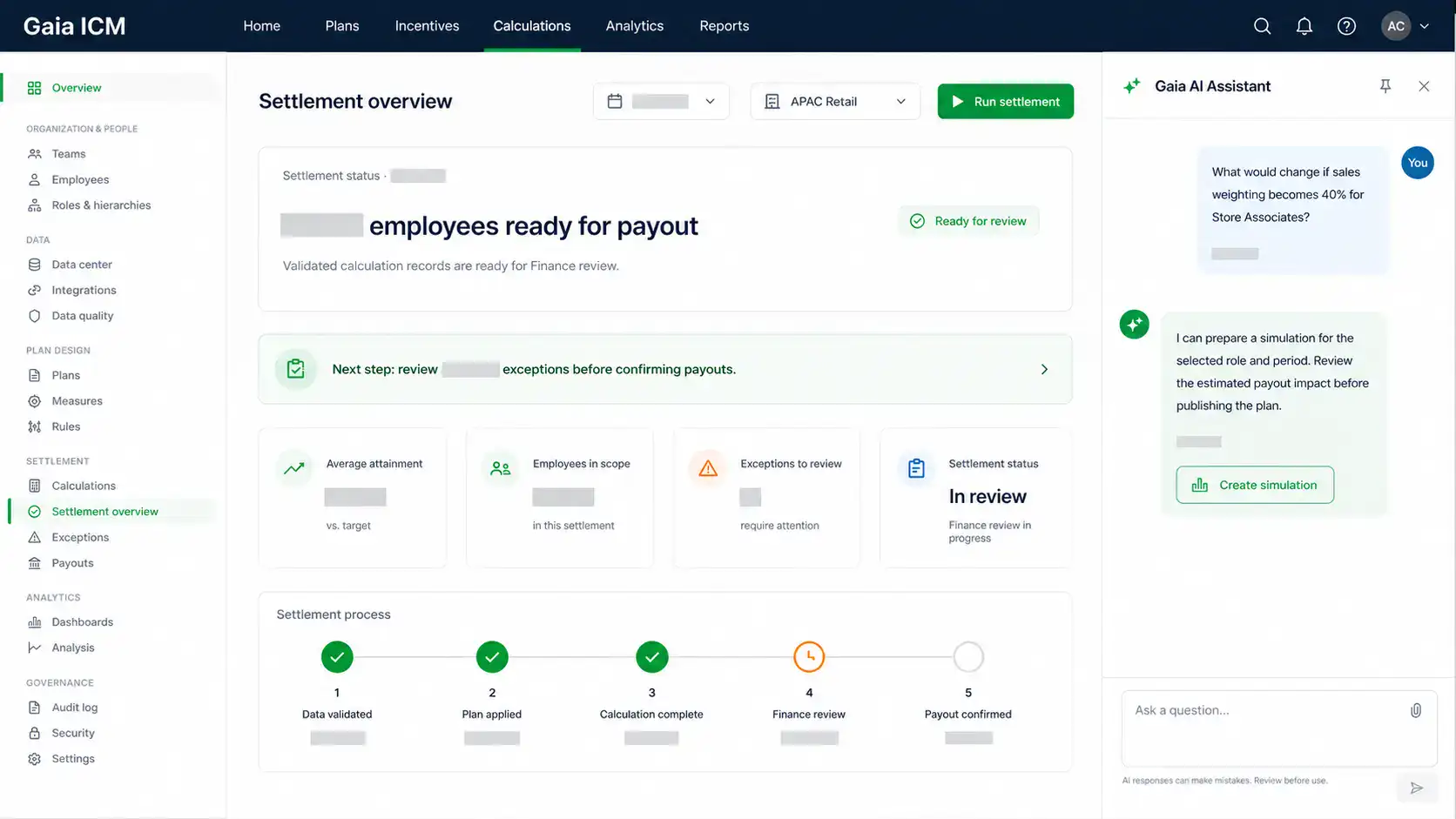 ICM 3 Gaia AI Native ICM settlement overview with a controlled calculation workflow and AI assistance panel