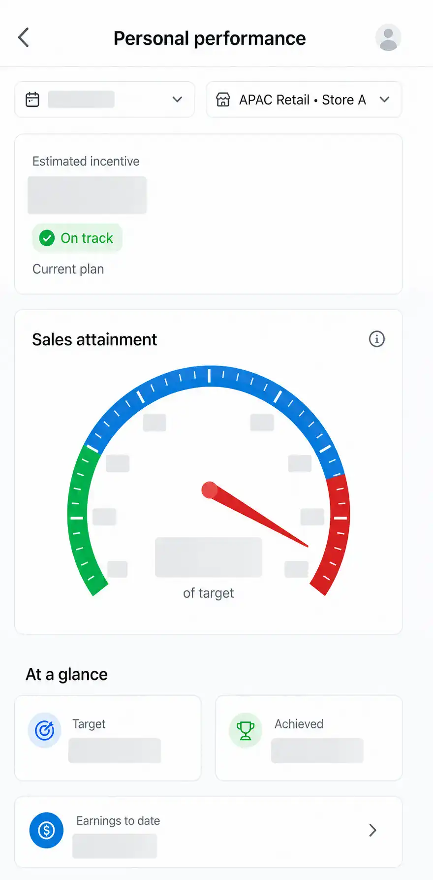 ICM 4 Gaia ICM mobile screen showing personal performance, estimated incentive, target value, and sales attainment