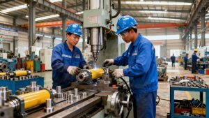Eaton Transforms APAC Workforce Management, Saving 16,000 Hours Annually with GaiaWorks 1 Two workers in hard hats and uniforms operating equipment inside a manufacturing plant, illustrating how smart scheduling for manufacturing optimizes the workforce