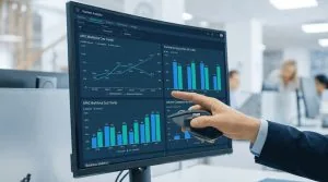 GaiaWorks business analytics dashboard on a monitor showing APAC workforce cost trends and HK vs SG overtime compliance rates.