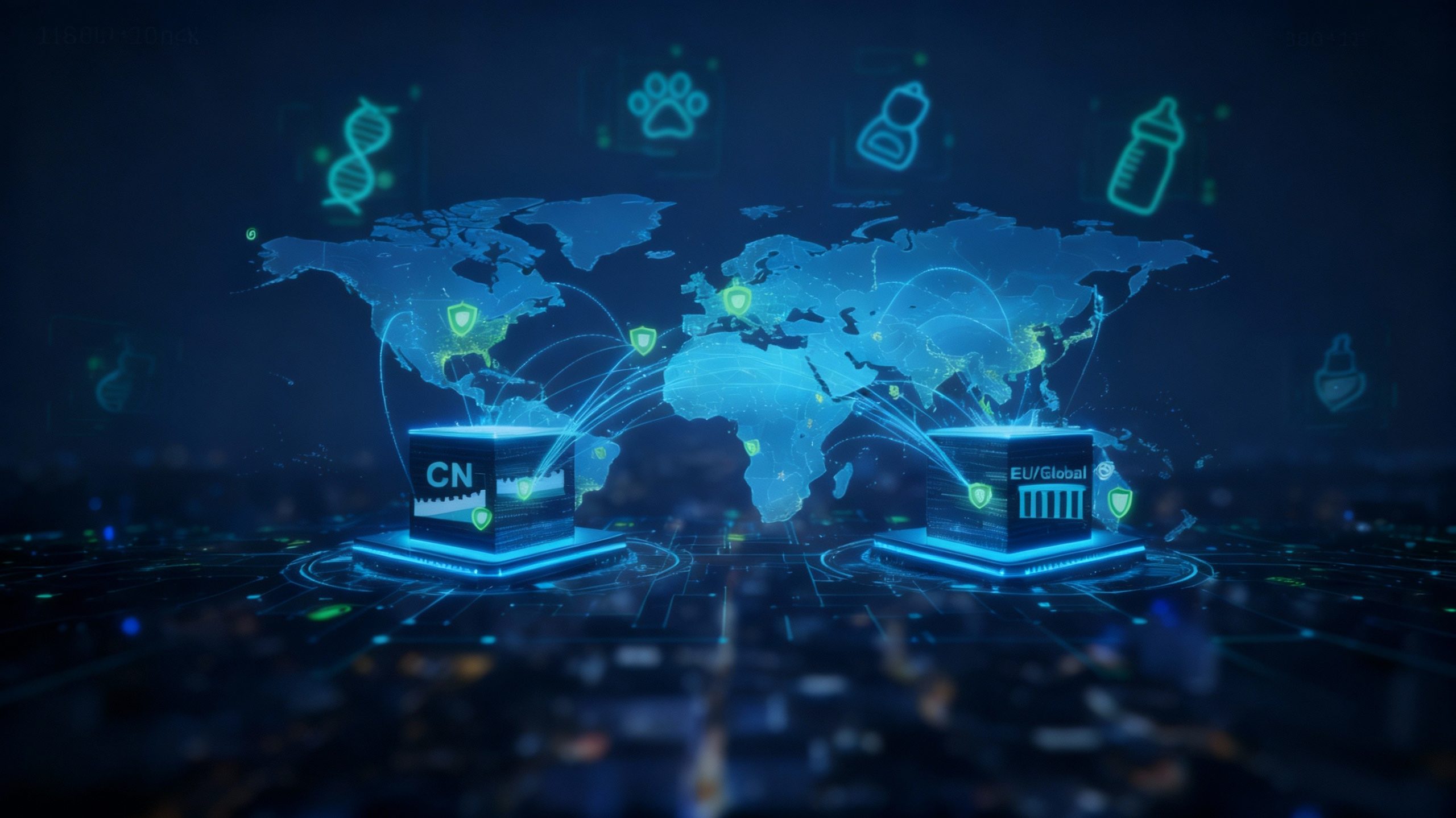 H&H Group Dual Data Center Strategy visualization - Two distinct data hubs labeled 'CN' and 'EU/Global' connecting to a world map, illustrating compliant data segregation for GDPR and PIPL.