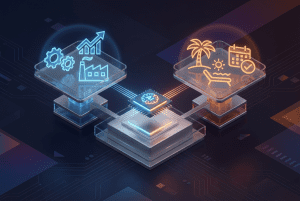 Case Study: How Swire Coca-Cola Solved "Leave Liability" with AI 1 3D isometric balance scale demonstrating how GaiaWorks AI leave planning balances production peaks with employee vacation.