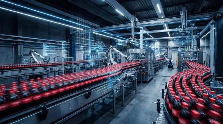 Automated bottling factory production line illustrating the Swire Coca-Cola case study on AI leave planning.