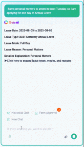 AI in Workforce Management: A 4-Step ROI Guide (2026) 2 Gaia AI assistant interface demonstrating AI in workforce management by automatically converting a natural language chat into a structured leave request form.