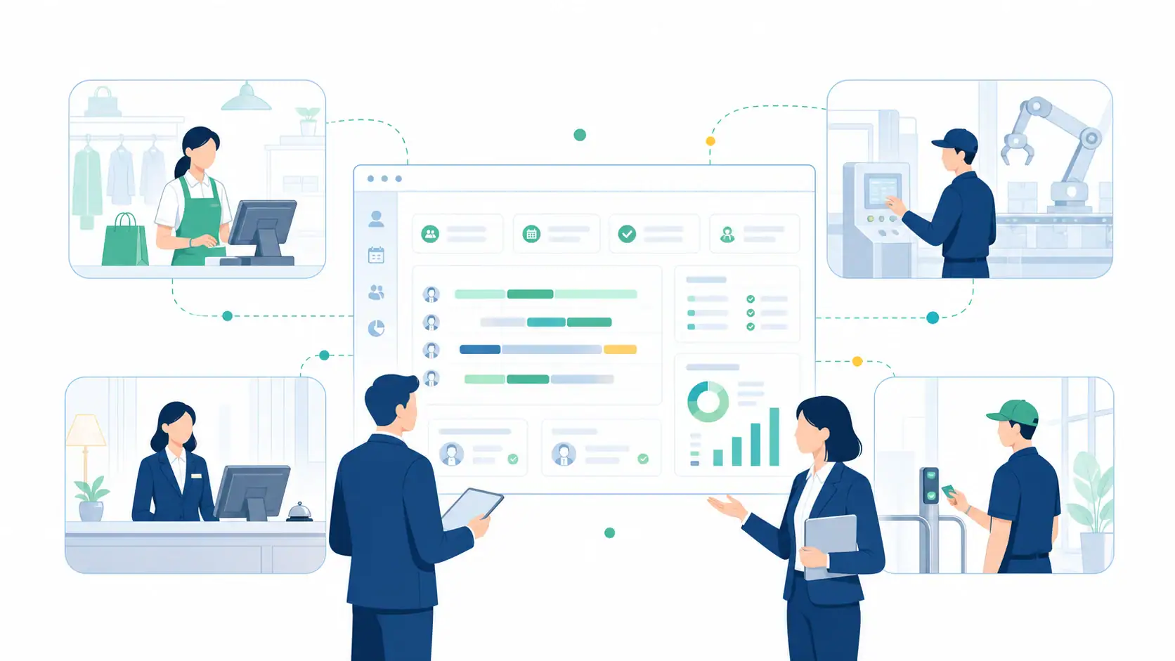 GaiaWorks workforce management illustration for APAC scheduling, attendance, and frontline operations