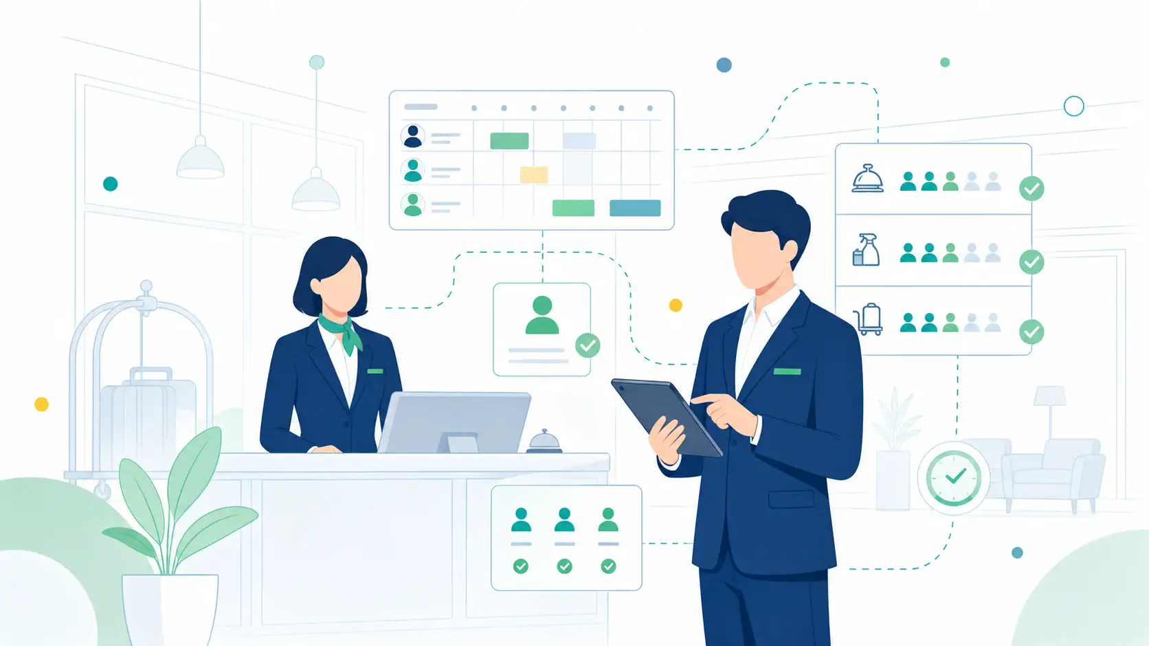 Hospitality workforce management illustration with hotel scheduling and attendance workflows