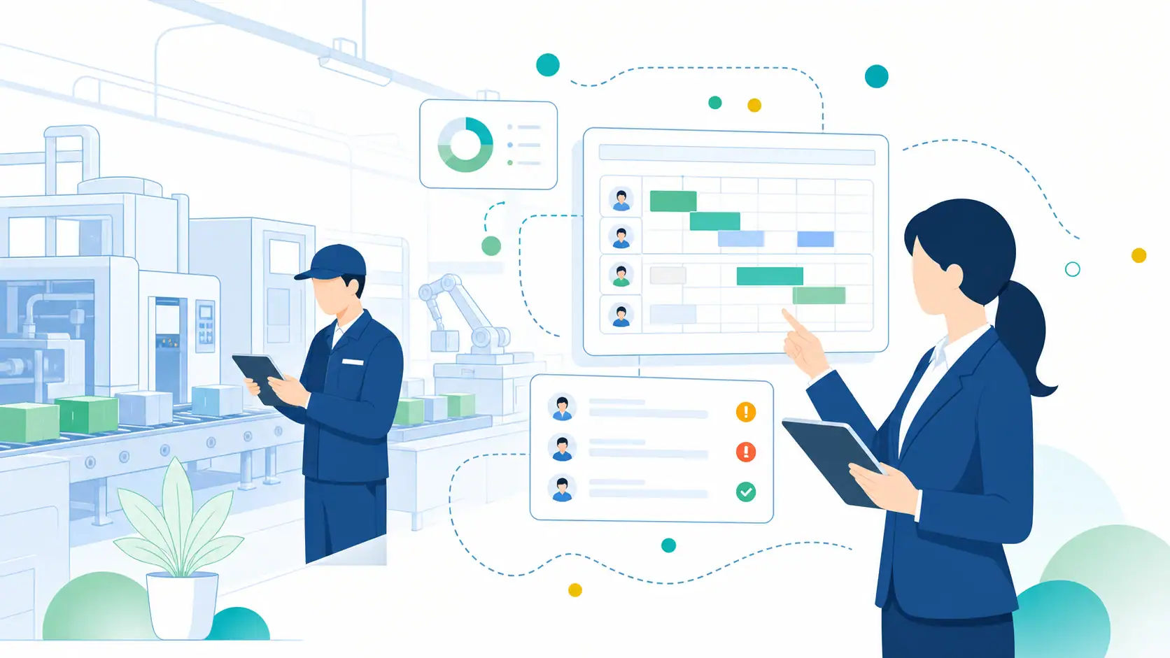 Manufacturing workforce management illustration with shift planning and attendance visibility