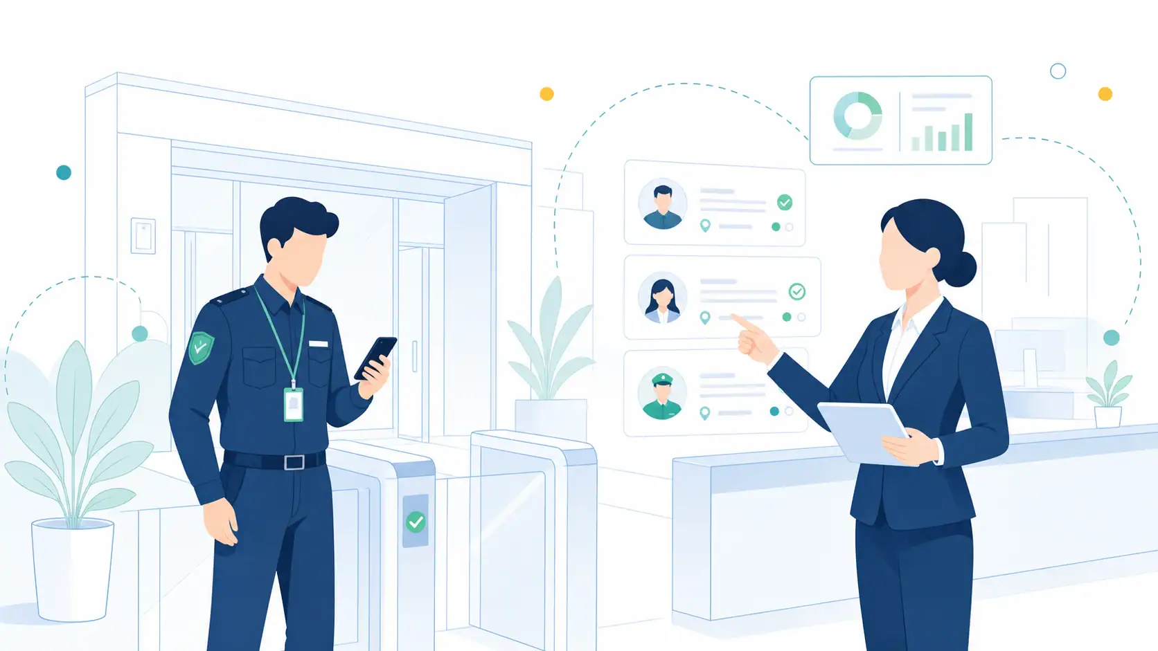 Property and facility workforce management illustration with site attendance verification