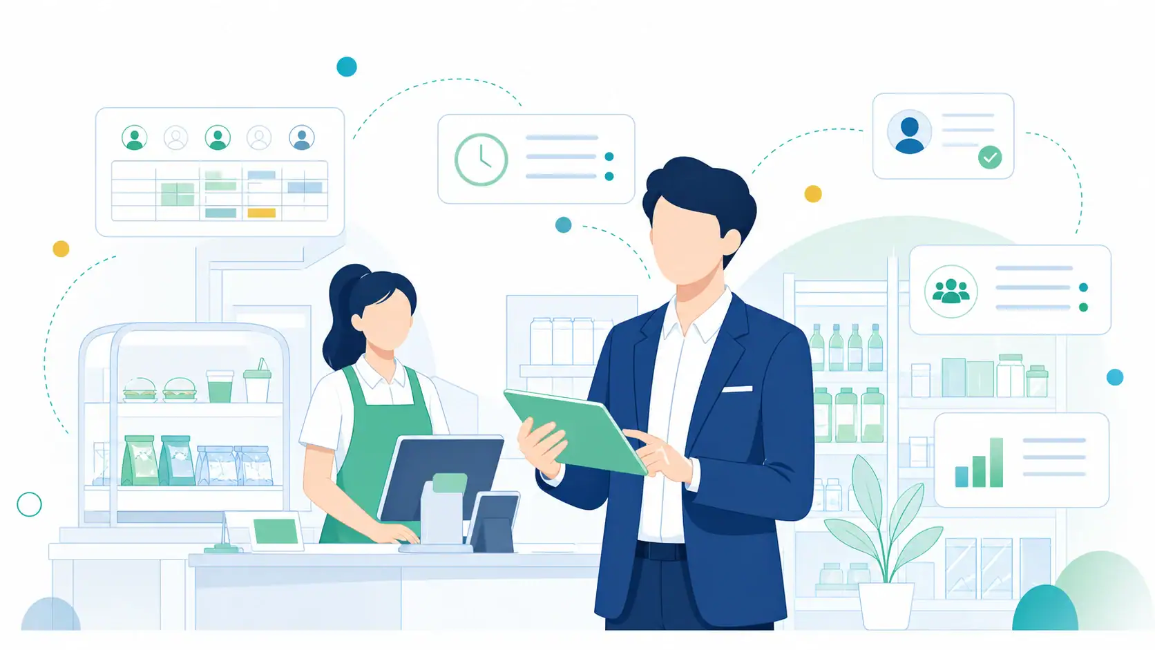 Retail and QSR workforce management illustration with scheduling and attendance tools